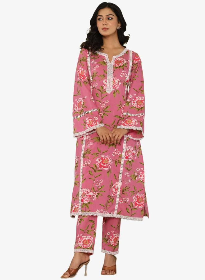KASYA Pink Cotton Floral Printed Kurta with Pants Set - Image 1